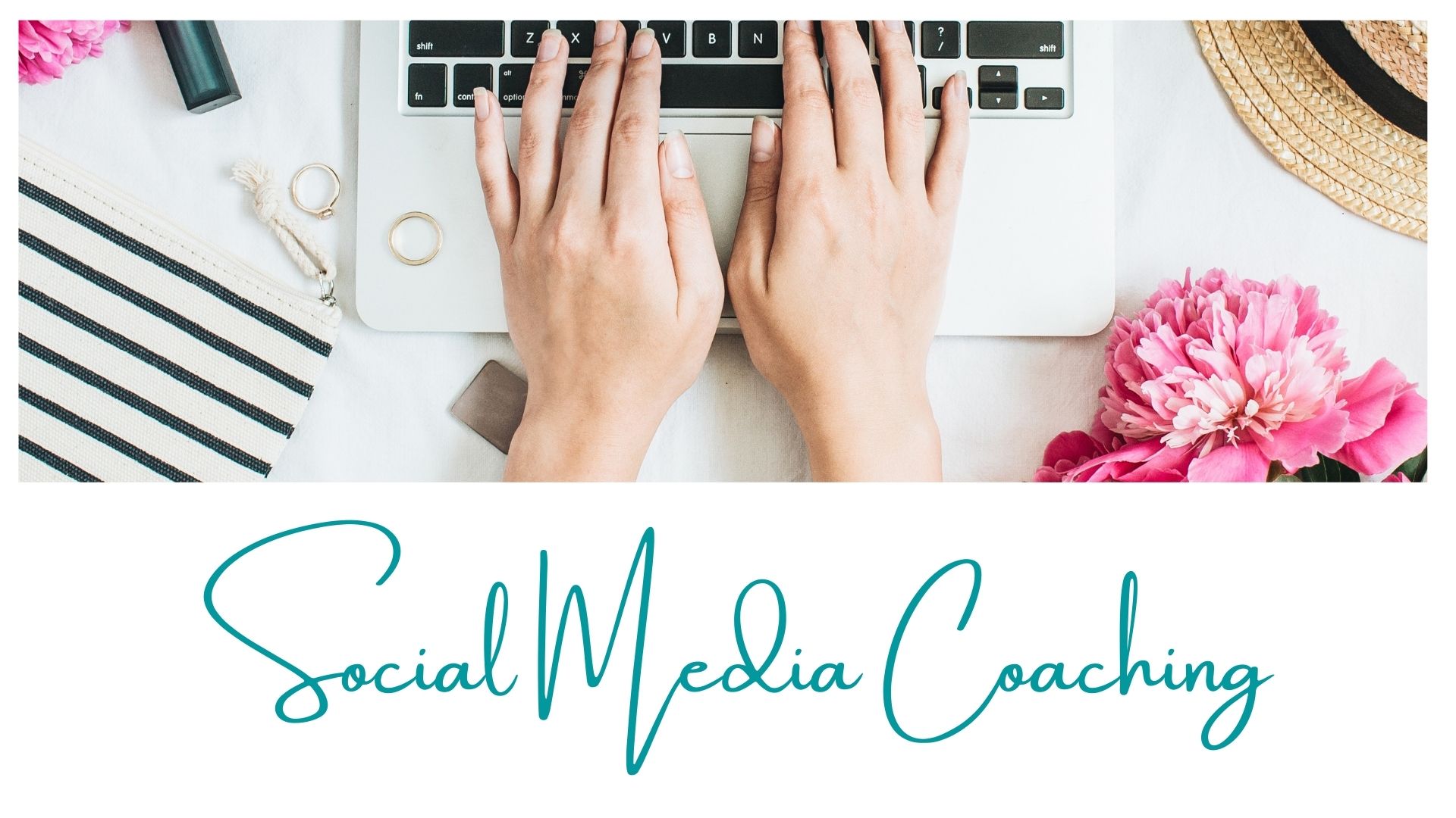 Hands typing on a keyboard with a phone and coffee, symbolizing social media marketing work