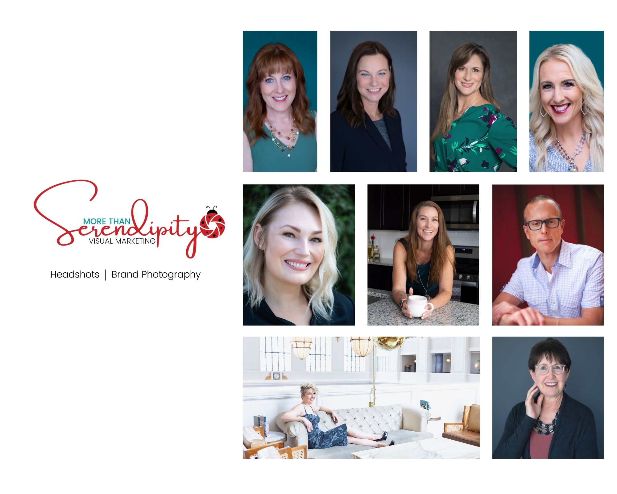 Examples of professional brand headshots of women, styled for approachable and confident business branding