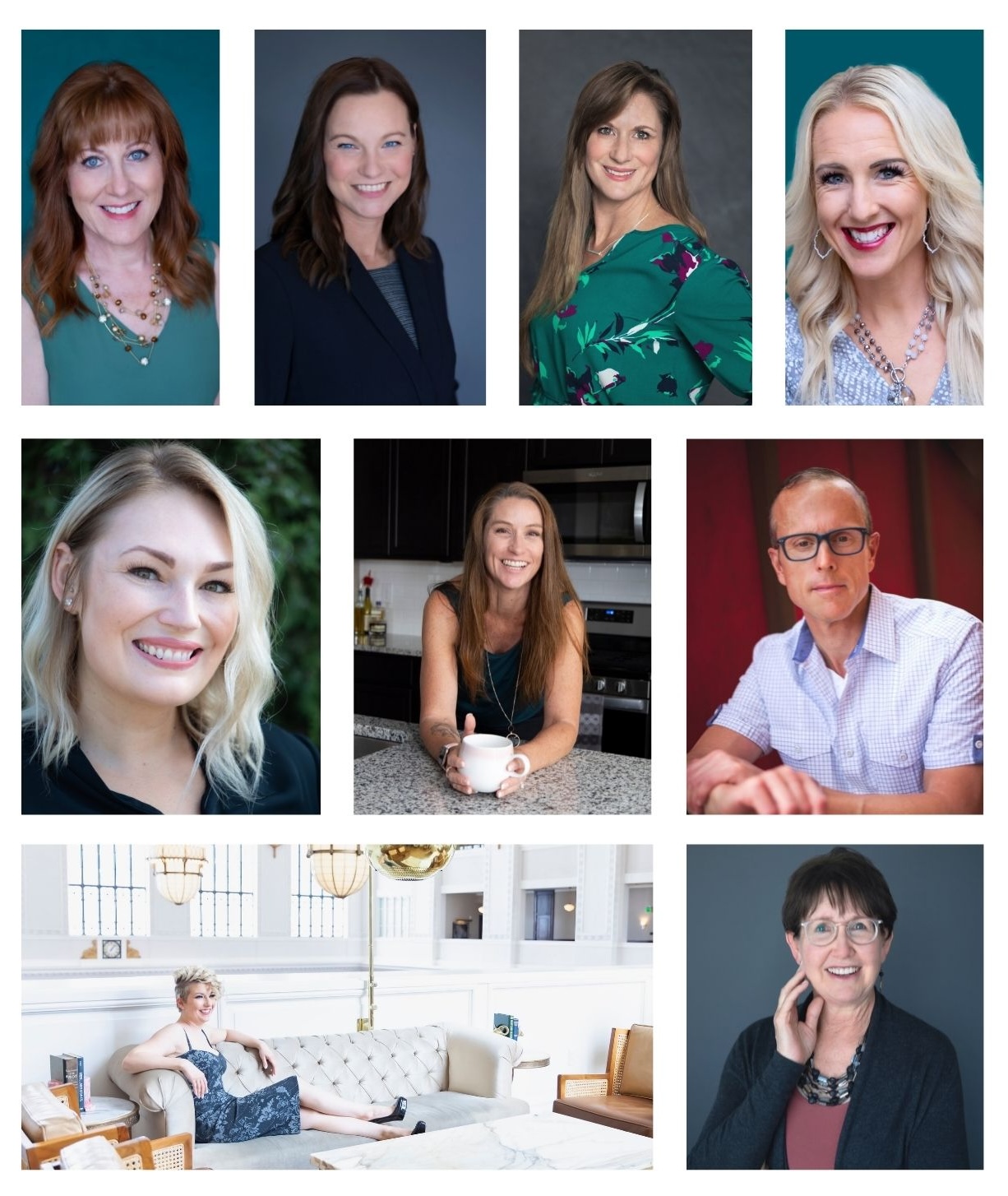 Examples of brand photography sessions, including professional headshots and lifestyle images for small business owners